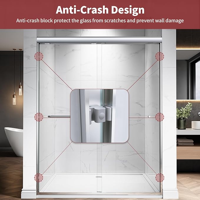56-60" W x 76" H Semi-Frameless Double Sliding Glass Shower Door, 1/4" Clear - Image 4