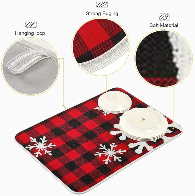 Christmas Red Plaid Snow Snowflake Dish Drying Mat 16x18 inch Red Black Lattice - Image 4
