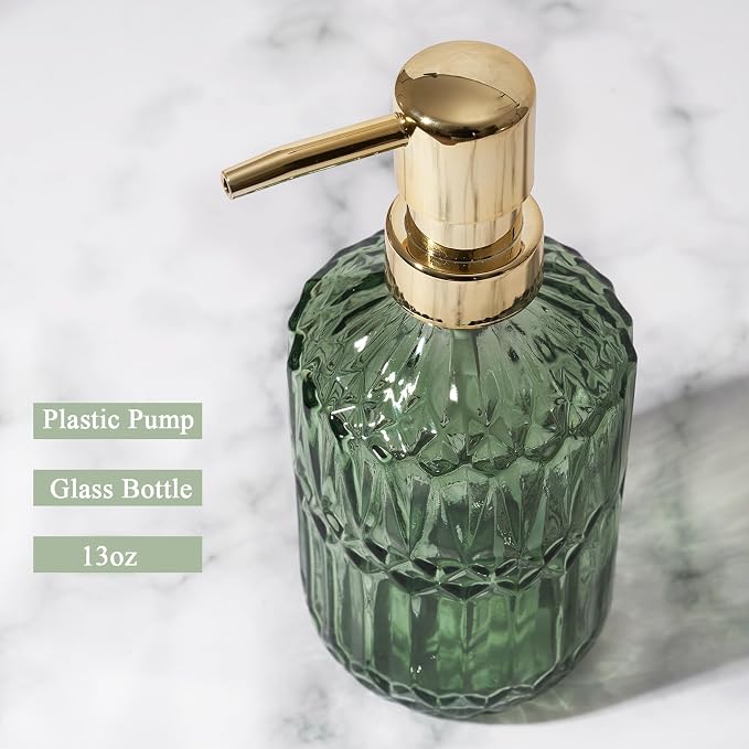 Glass Soap Dispenser Green Bottle Gold Plastic Pump Refillable Kitchen Sink - Image 2