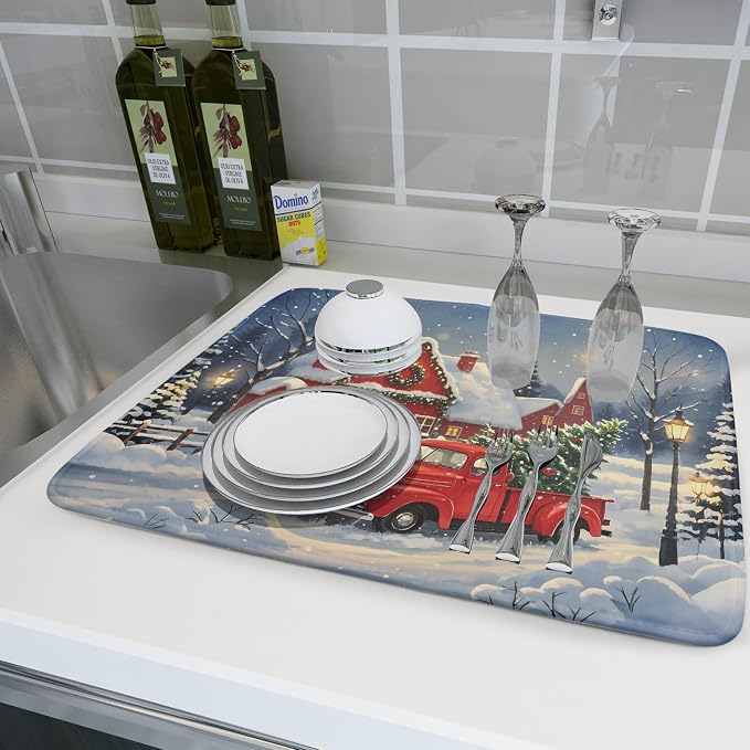 Christmas Dish Drying Mat for Kitchen Counter 18x24 Red Truck Winter Xmas Snow - Image 6