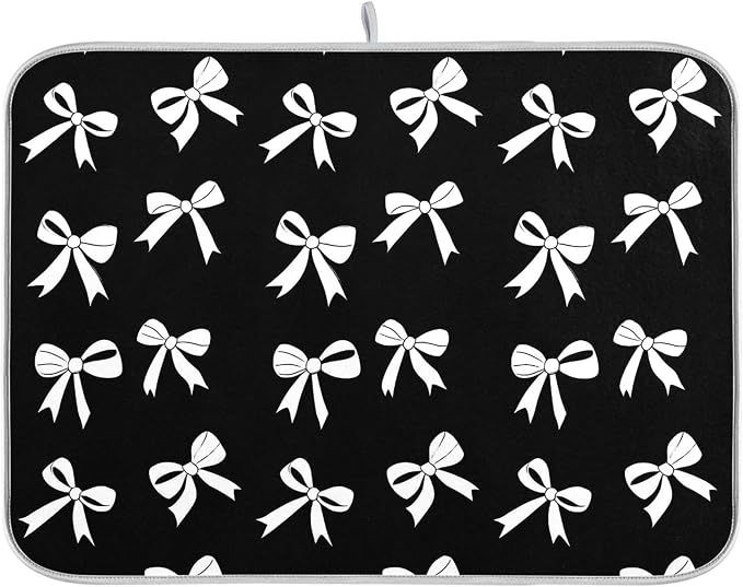 Black Bow Dish Drying Mat for Kitchen Countertop 16x18 Bowknot Coquette by Wamika