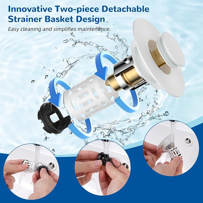 Hibbent 2 Pack 3 in 1 Bathroom Sink Drain Strainer, Universal Pop Up Stopper - Image 4