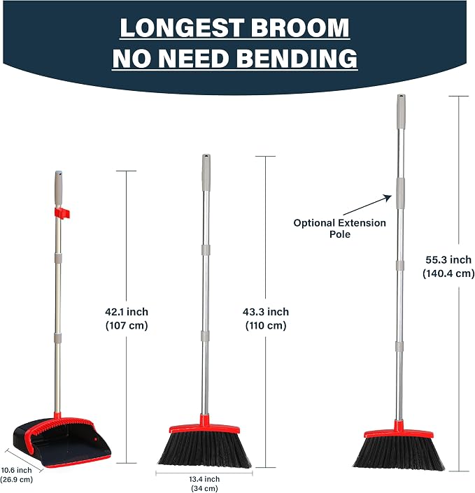 Broom and Dustpan Set 55", Long Adjustable Stainless Steel Handle, Large Size - Image 6