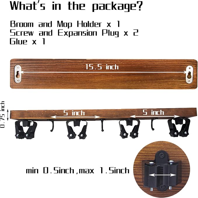 Mop and Broom Holder Wall Mount Solid Wood Broom Rack Wall Mount 4 Positions 3 - Image 3
