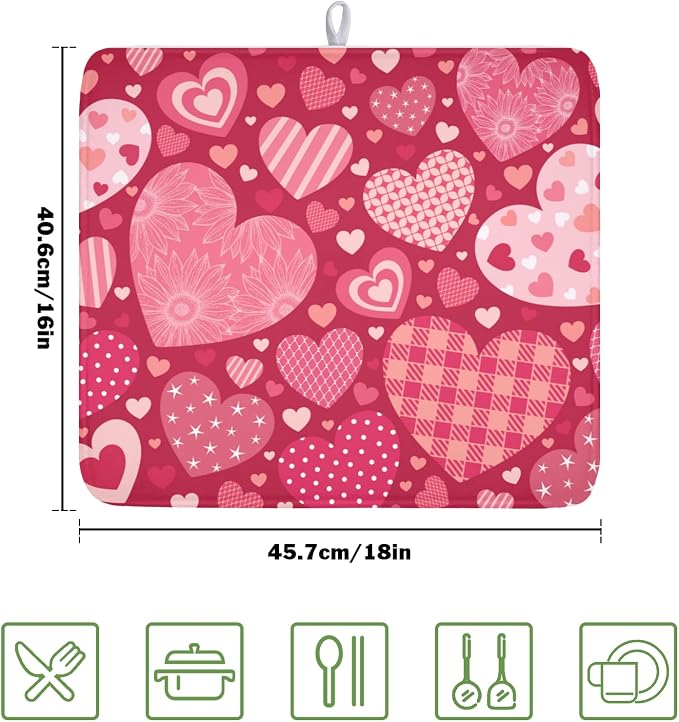 Valentine's Day Dish Drying Mat 16 x 18 Inch Heart Shaped Pattern Dish Drying - Image 2