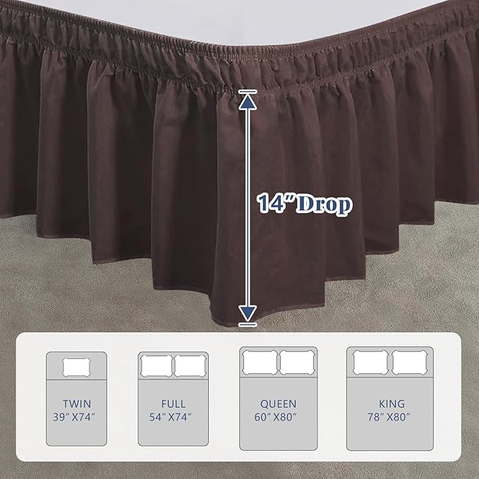 Twin Bed Skirt, Elastic Wrap Around Bed Skirt Twin Size, Bed Skirts for Adjustable Bed, Easy Fit with 14" Drop Length Tailored Drop Dust Ruffle (Brwon)
