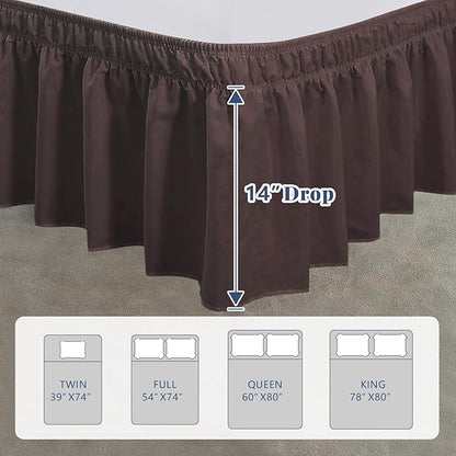 Twin Bed Skirt, Elastic Wrap Around Bed Skirt Twin Size, Bed Skirts for Adjustable Bed, Easy Fit with 14" Drop Length Tailored Drop Dust Ruffle (Brwon)