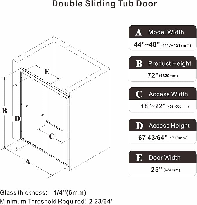 44-48" W x 72" H Semi-Frameless Double Sliding Glass Shower Door, 1/4" Clear - Image 8