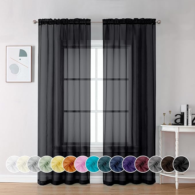 Chyhomenyc Black Sheer Curtains 96 inches Long Window Draperies 2 Panels by Chyhomenyc
