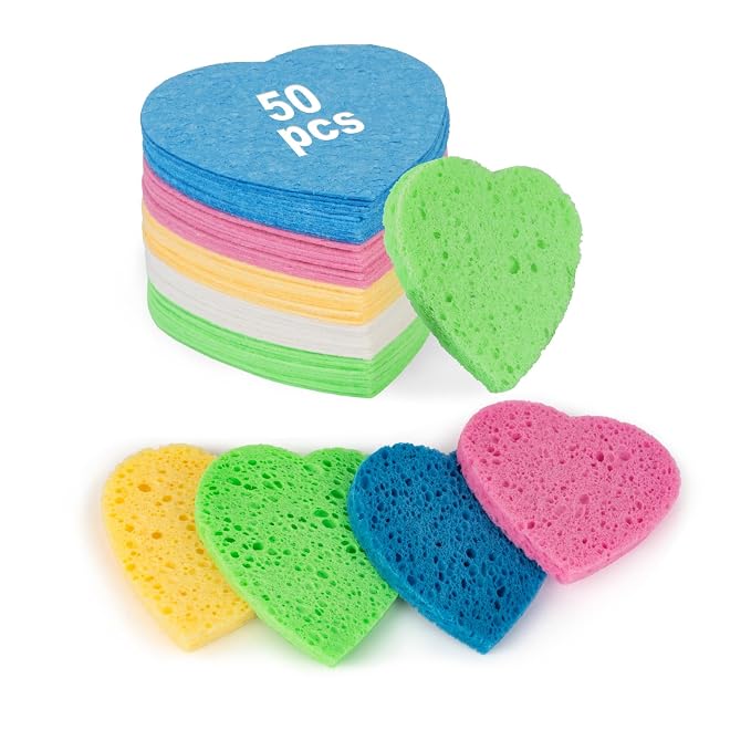 50-Count Heart Shape Compressed Facial Sponges, 100% Natural Cellulose Face by HUAXINBIOTECHNOLOGY