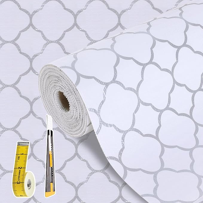 Shelf Drawer Liners for Kitchen Cabinets Non Adhesive Drawer Liner Thickened Refrigerator Liner Silver Quatrefoil Strong Non-Slip Paper for Tool Box with Knife and Tape Measure,17.3 x 236.2 Inches
