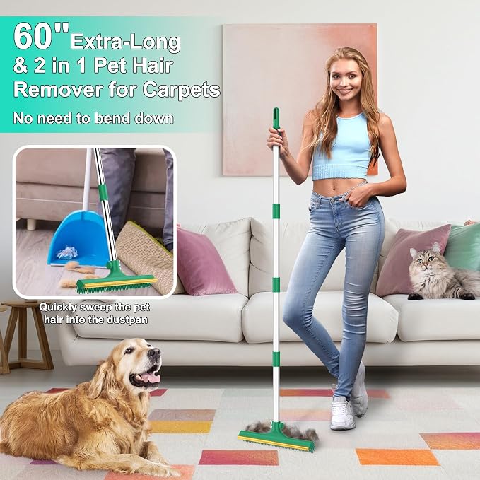 3 in 1 Carpet Rake for Pet Hair Removal, Reusable Pet Hair Remover Broom - Image 2