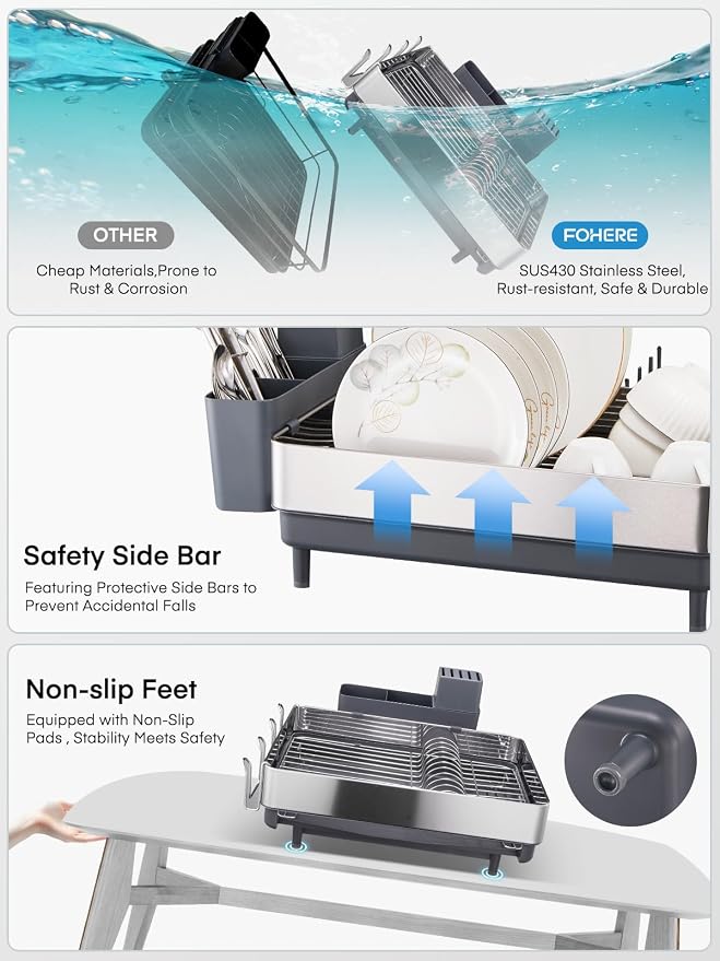 FOHERE Large Dish Drying Rack, Expandable Dish Rack, Stainless Steel Dish Rack - Image 6