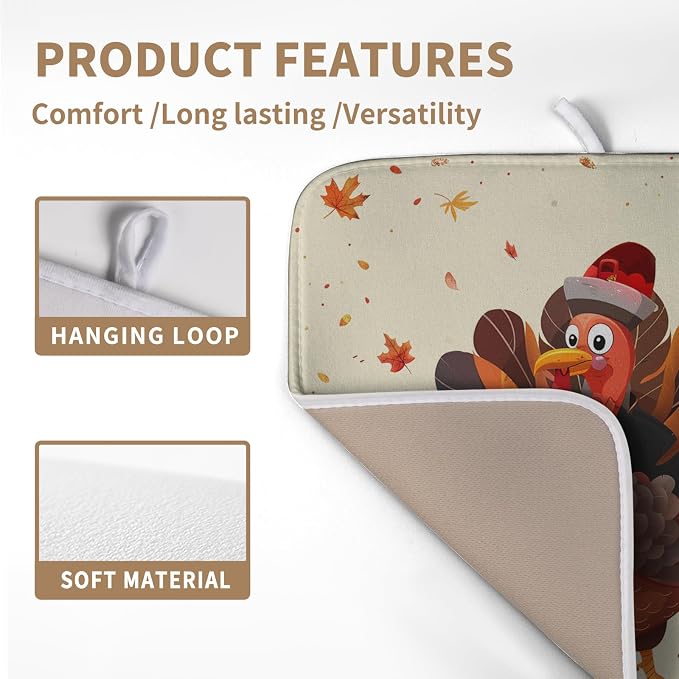 Thankgiving Dish Drying Mat for Kitchen Counter 16x18 Inch Fall Orange Turkey - Image 3