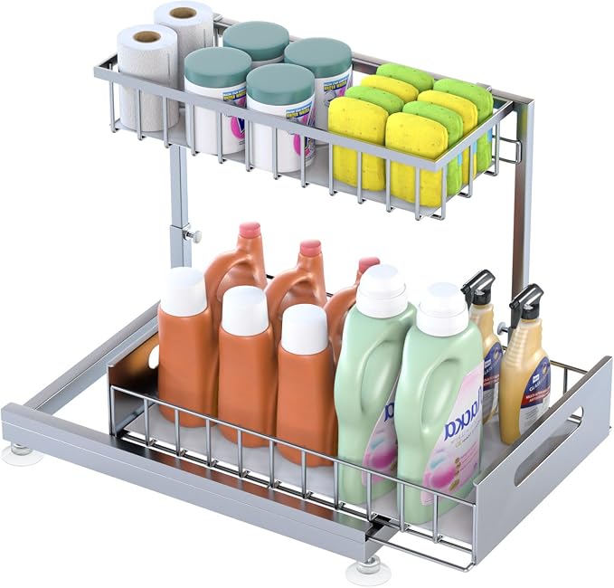 Under Sink Organizer Storage 2-Tier Premium Metal Pull-Out Kitchen Cabinet by Saydear