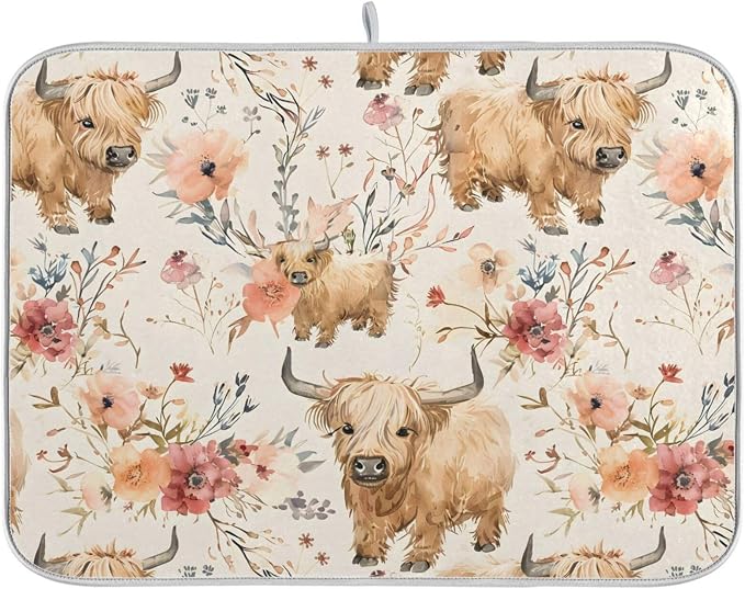 Cute Highland Cows Flowers Dish Drying Mat by BOENLE-WELCOMEYOURCOMING