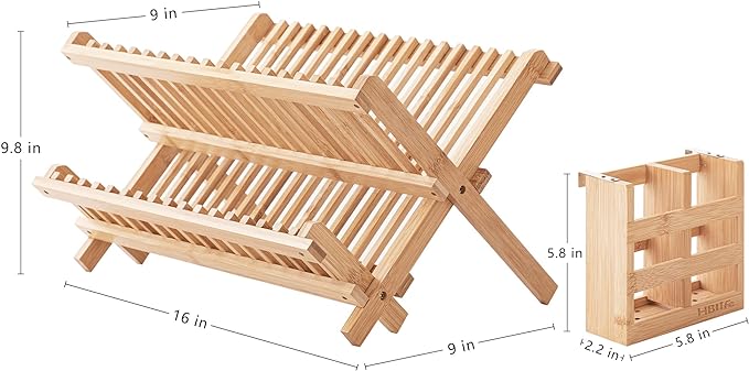 HBlife Dish Rack, Bamboo Folding 2-Tier Collapsible Drainer Dish Drying Rack - Image 3