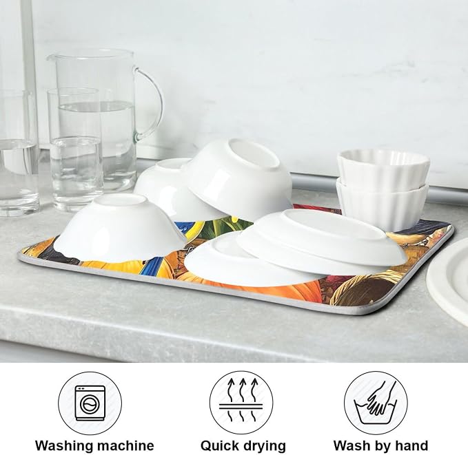 Fall Birds Dish Drying Mat for Kitchen Countertop 18x24 Autumn Pumpkin - Image 7