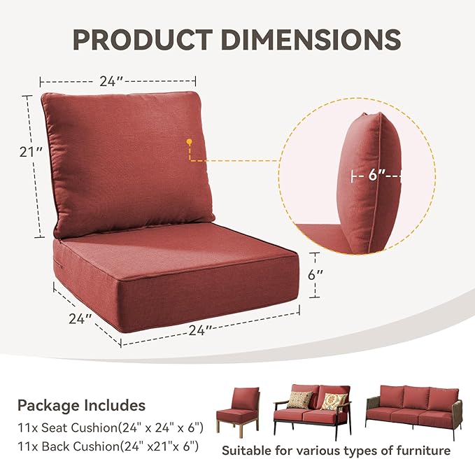 Outdoor Cushion Set for Furniture Patio Furniture, UV Resistant, Water Resistant - 6 Inch Thick Foam Garden Cushions– 24x24 Inch Patio Seat Covers for Chair/Sofa/Couch | Red | 11-Pack |
