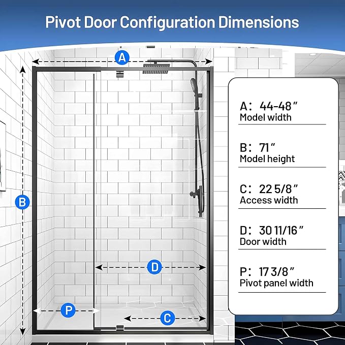 Pivot Glass Shower Door, 44–48" W x 71" H, 1/4" Clear SGCC Tempered Glass - Image 2