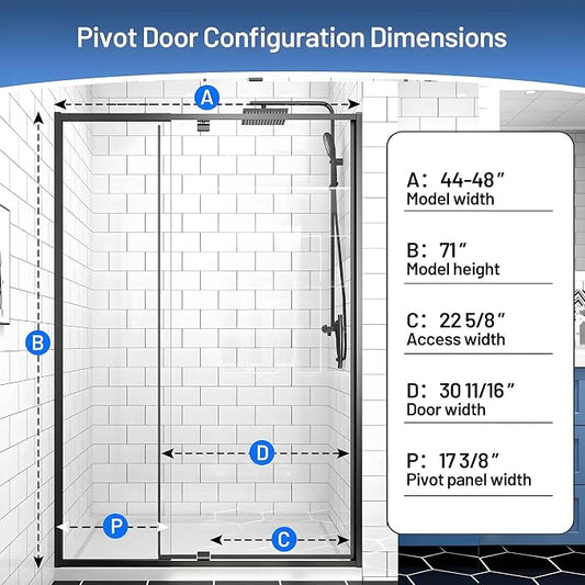 Pivot Glass Shower Door, 44–48" W x 71" H, 1/4" Clear SGCC Tempered Glass - Image 2