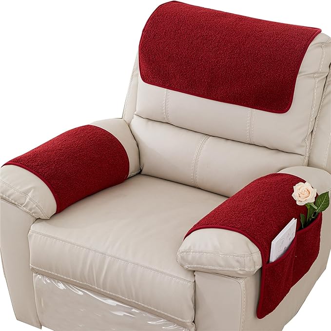 Armrest Cover, Recliner Chair Protector, Furniture Protector Slip, Side Storage Pocket, Stretch Armchair Couch Arm Rest Cover for Recliner, Chair, Sofa (Wine Red,3 Seater(5pcs))