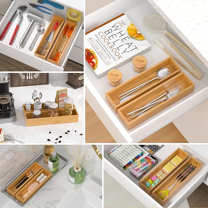 Silverware Tray for Drawer, Stackable Kitchen Bamboo Drawer Organizer 12" x 3" - Image 4