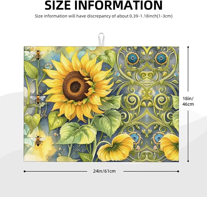 Sunflower Bee Dish Drying Mat Highly Absorbent Double-Sided Microfiber - Image 2