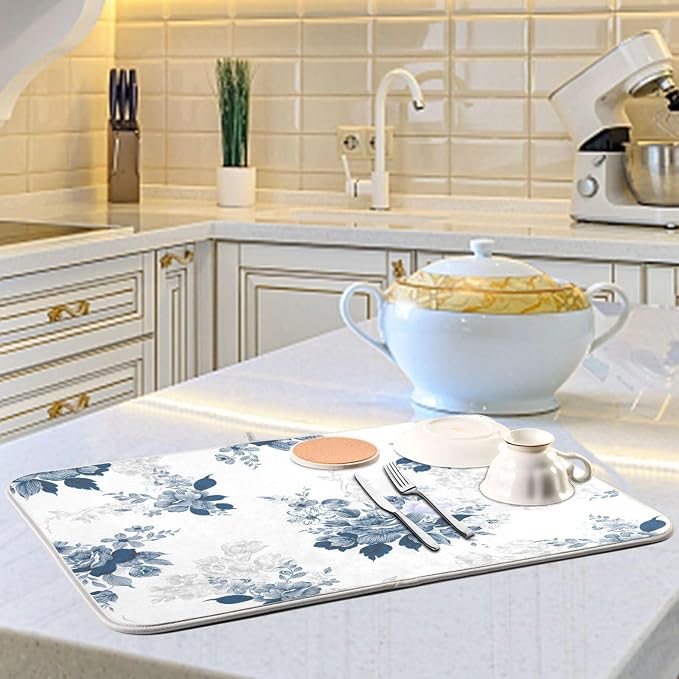 Tarity Watercolor Blue Flower Dish Drying Mat - Image 6