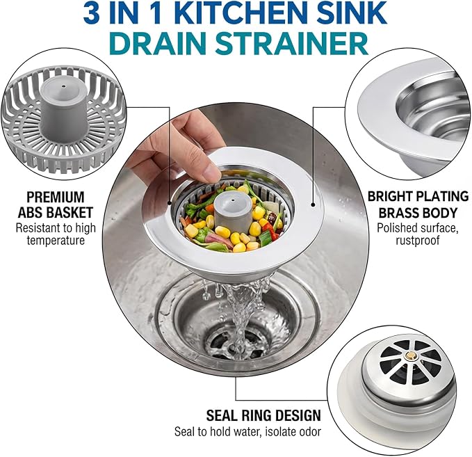 Kitchen Sink Stopper, 3 in 1 Pop Up Kitchen Sink Drain Strainer, - Image 9