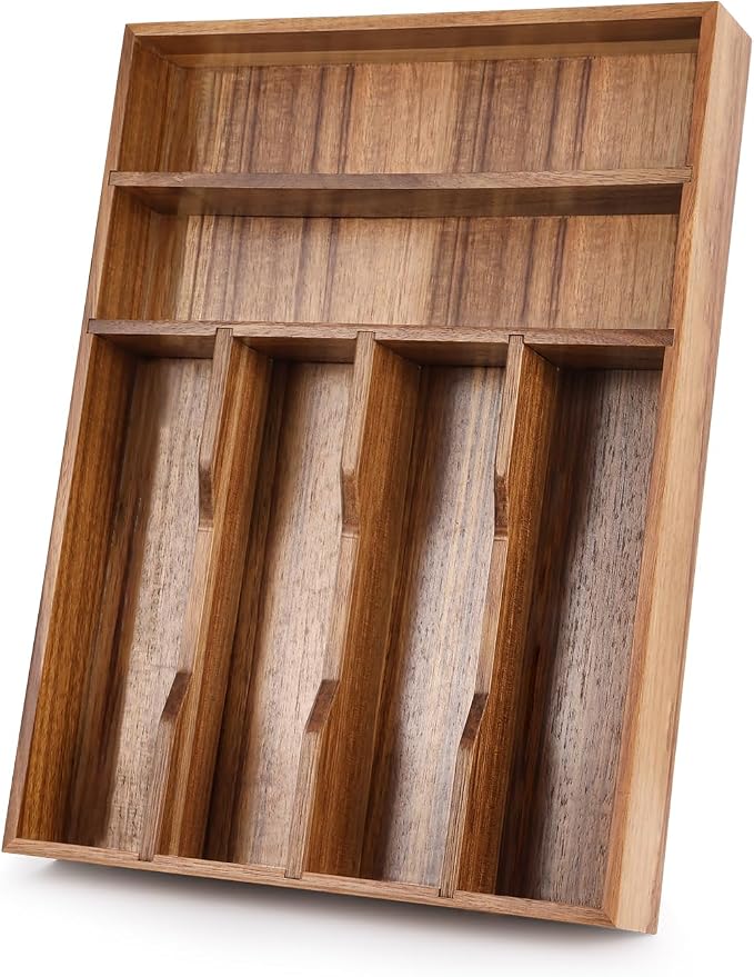 Acacia Wood Silverware Drawer Organizer, 12 Inch Adjustable Cutlery Tray by BIEOFFEI