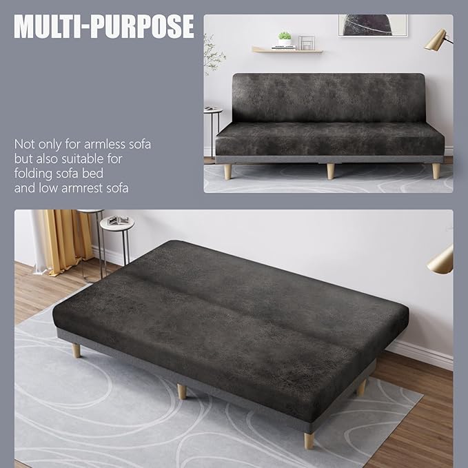 molasofa Leather Like Stretch Futon Slipcover Armless Futon Bed Sofa Cover Furniture Protector with Elastic Bottom, Soft and Washable Futon Cover for Sofa Bed Stay in Place（Larger，Khaki）