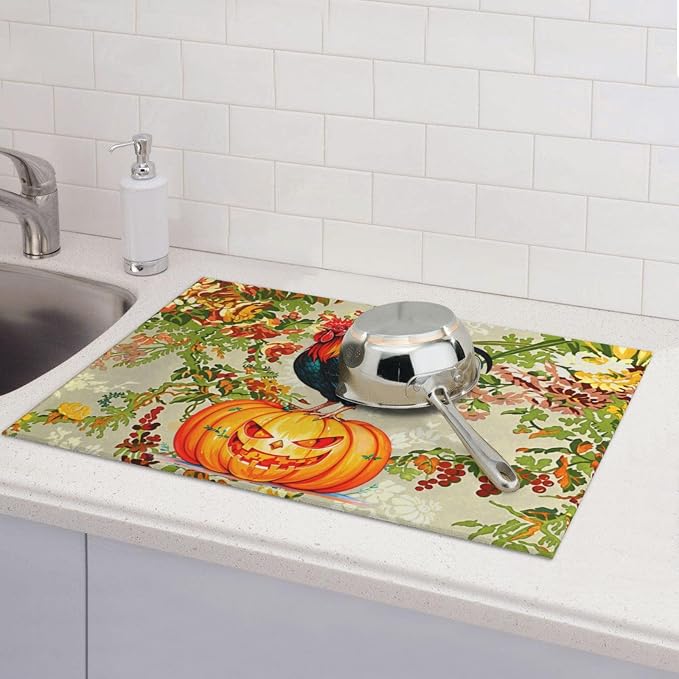 Rooster Pumpkin Dish Drying Mat Highly Absorbent Double-Sided Microfiber - Image 3