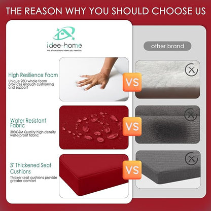 idee-home Outdoor Chair Cushions Set of 2, Thick 17" x 17" x 3" Outdoor Seat Cushion Patio Furniture Waterproof with Ties, Patio Chair Pads Dining Red