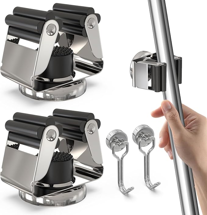 3-H Magnetic Broom Holder 4 Piece, 304 Stainless Steel Broom Holder Wall Mount by 3-H