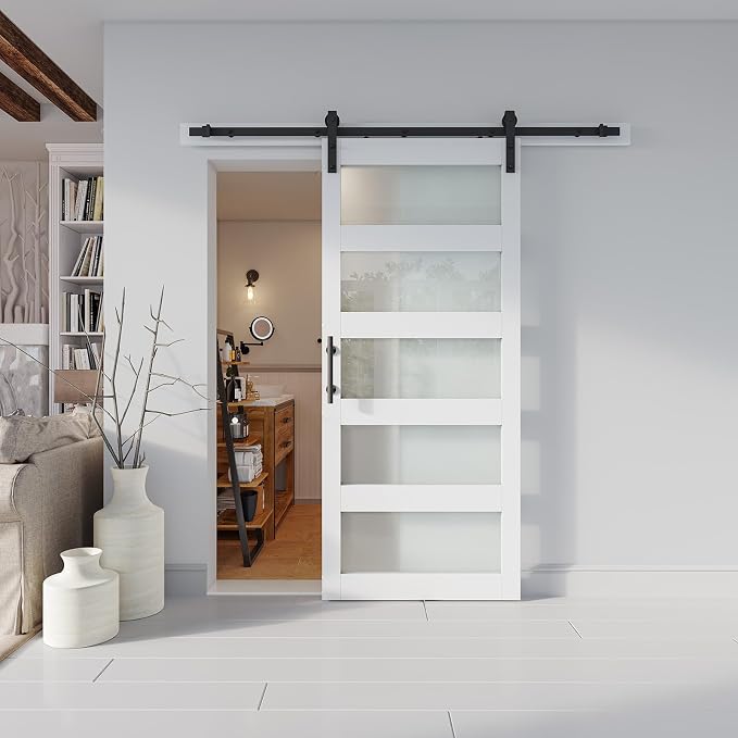 36'' x 84'' Glass Barn Door and 6.6 Ft Hardware Kit Included, MDF White Barn - Image 6