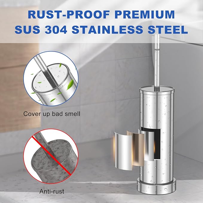 304 Stainless Steel Toilet Brush and Holder Set, Heavy Duty Toilet Bowl Brush - Image 2