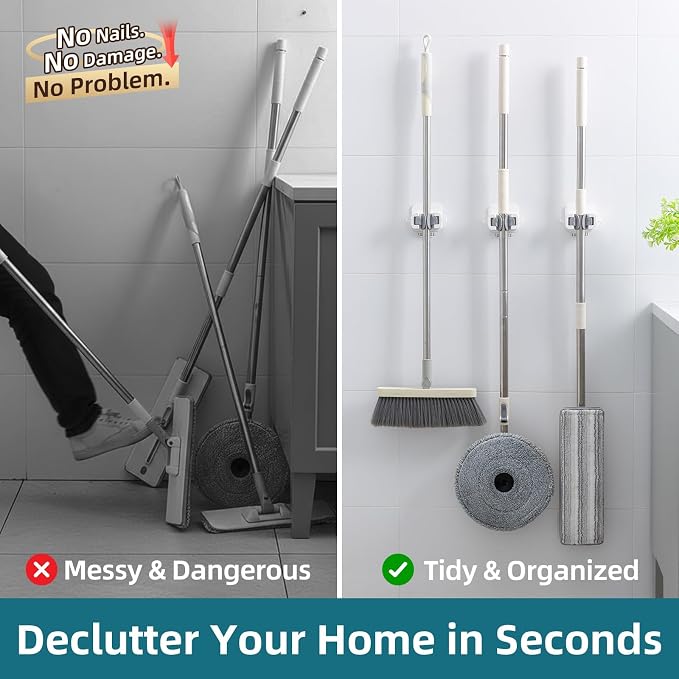 TAILI Mop and Broom Holder Wall Mount Grippers, 3 Hangers and 8 Adhesive Strips - Image 5