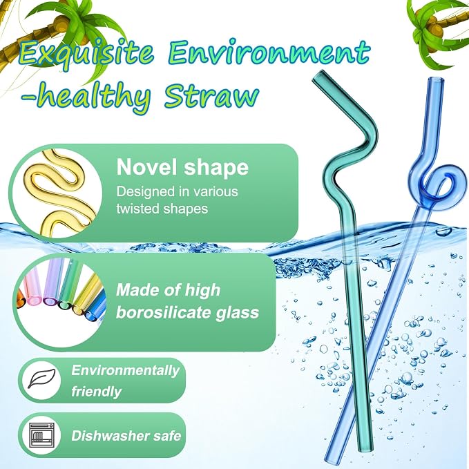 Yinkin 6 Pcs Wavy Glass Straws Reusable Curved Straw Shatter Resistant - Image 3