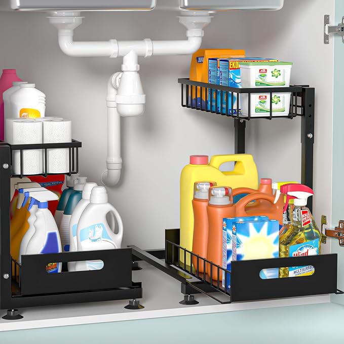 L-Shaped Under Sink Organizer, 2 Pack 2-Tier Pull Out Metal Kitchen Cabinet by Saydear