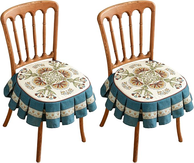 patdrea Pack of 2 Chair Cushions for Dining Chairs with Ruffled, Blue Wensel Floral Seat Cushion with Ties,Non Slip Chair Pads Decor for Bar Stool Cushions, Indoor Kitchen Chairs, 17.7"x17.7"