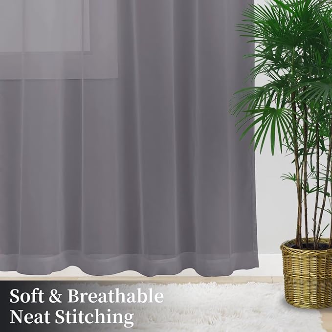 Sheer Curtains 54 Inches Long 2 Panels, Rod Pocket Short Curtain for Kitchen, Bedroom, Cafe Window(Grey 38" W x 54" L)