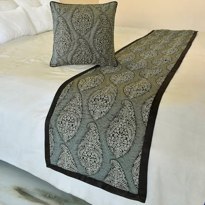 The HomeCentric King/Queen/Twin Grey Decorative Queen 74"x18" Bed Runner with 2 Pillow Cover, Paisley & Beaded Bed Scarf on Jacquard Fabric - Paisley History