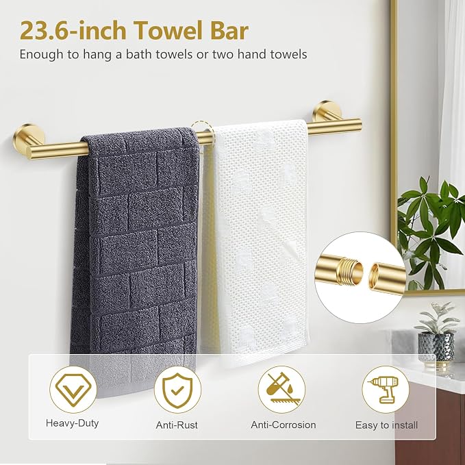 TQKAG Brushed Gold 5 Piece Bathroom Hardware Accessories Set 23.6" SUS304 - Image 2