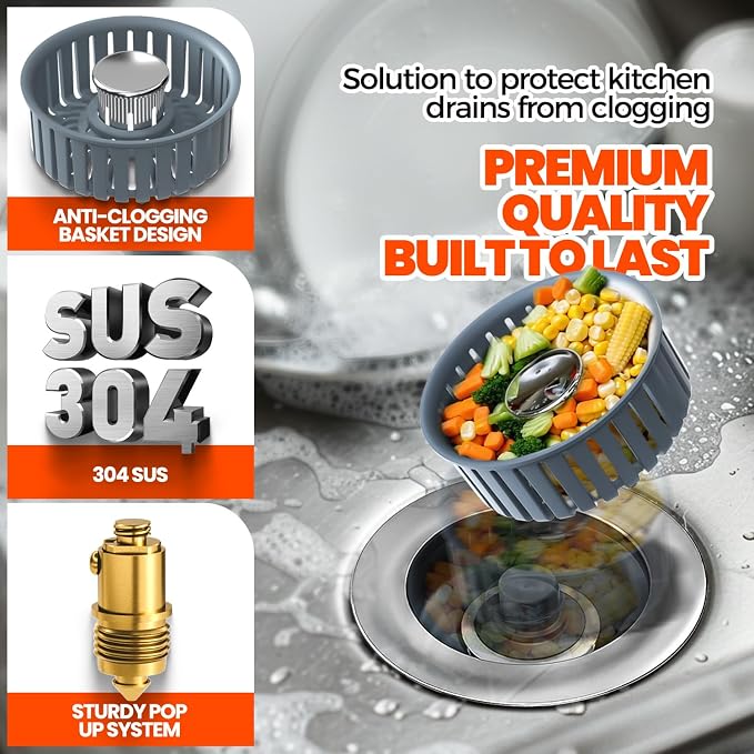 Kitchen Sink Drain Strainer & Sink Stopper, Upgraded 3 in 1 Stainless Steel - Image 3