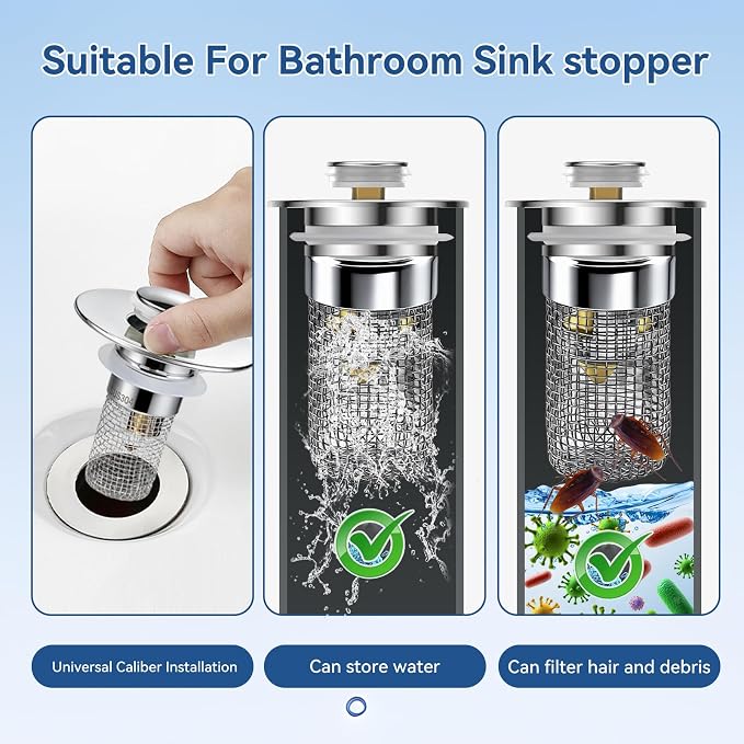 Universal Bathroom Sink Stopper & Hair Catcher, Stainless Steel Drain Filter - Image 6