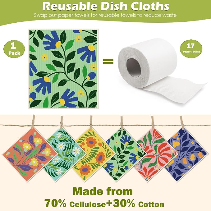 6 Packs Swedish Paper Cloths for Kitchen, Reusable Paper Towels Washable Dish - Image 3