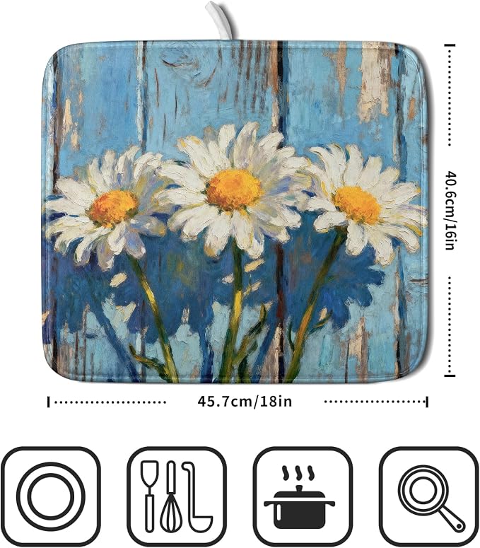 Daisy Floral Dish Drying Mat for Kitchen Counter 16x18 Spring Summer Theme - Image 2