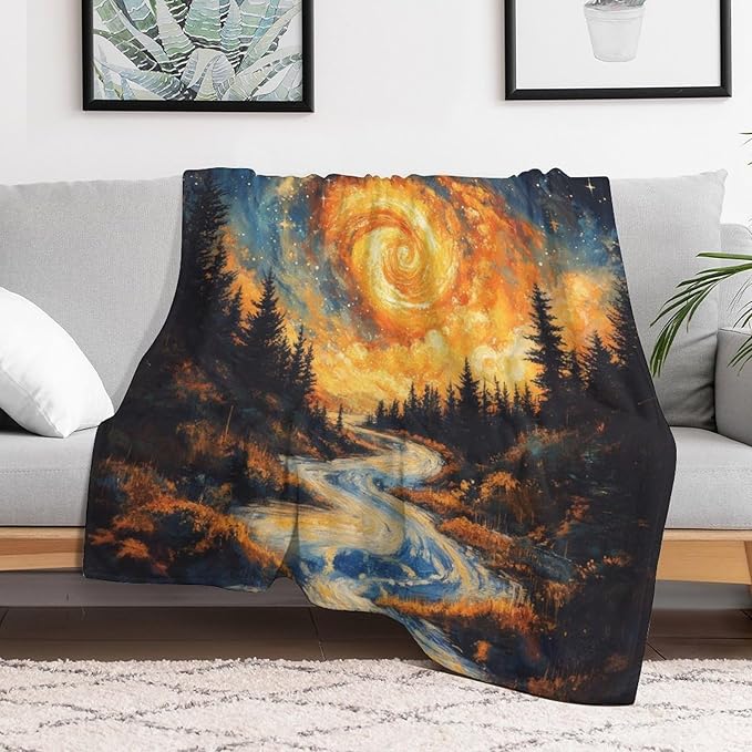 Magic Forest Blanket, Abstract Art Oil Painting Dreamworld River Jungle Sunset Pattern Soft Warm Cozy Plush Flannel Covers for Livingroom Bedroom Couch Chair Camping Travel Home Decor Tapestry 40x50in