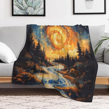 Magic Forest Blanket, Abstract Art Oil Painting Dreamworld River Jungle Sunset Pattern Soft Warm Cozy Plush Flannel Covers for Livingroom Bedroom Couch Chair Camping Travel Home Decor Tapestry 40x50in